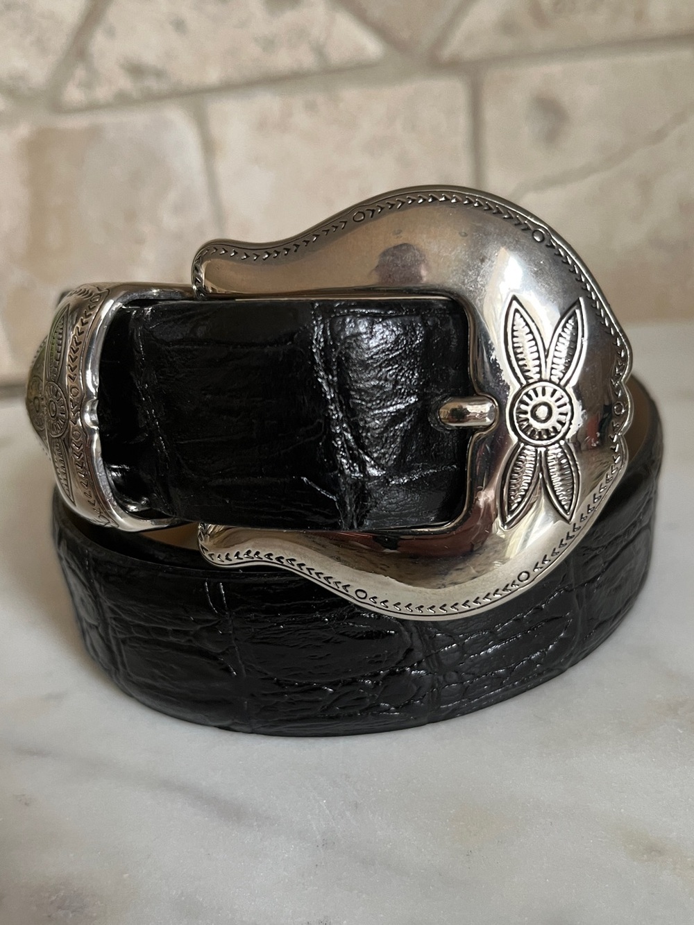 VTG Valentino Black Leather Large Silver Buckle Belt 34